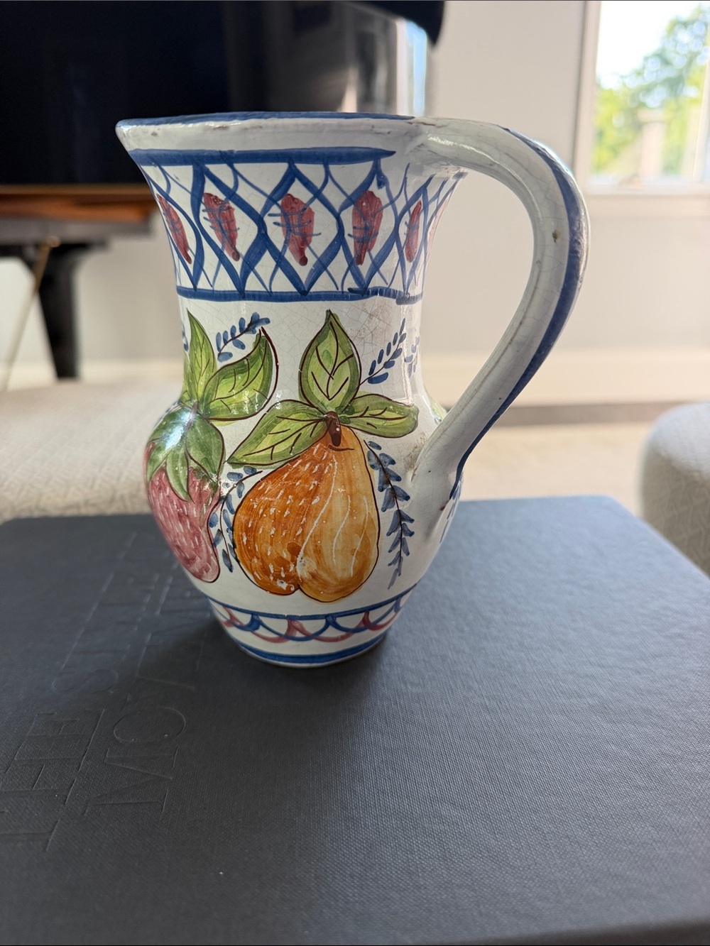 Hand-Painted Fruit Ceramic Pitcher - Blue, Green, Orange